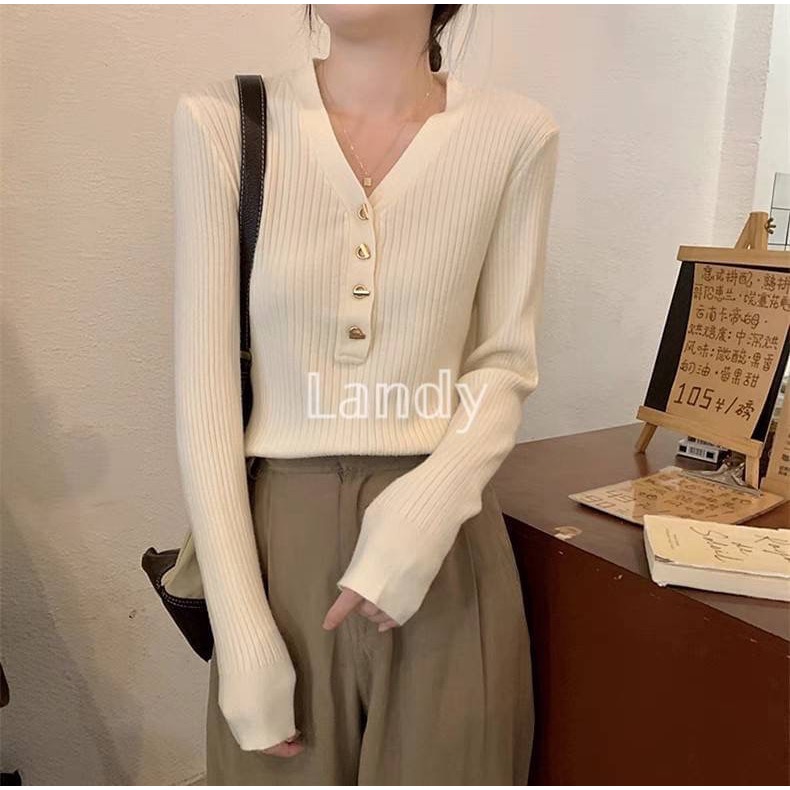 ღ 𝕃𝕒𝕟𝕕𝕪 ღ ｛現+預購｝#093 v領打底衣 女秋季高級感 2023新款秋裝法式修身内搭毛衣針織衫上衣-細節圖2
