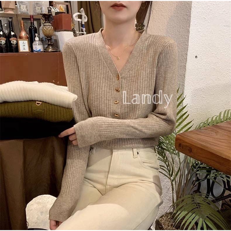 ღ 𝕃𝕒𝕟𝕕𝕪 ღ ｛現+預購｝#093 v領打底衣 女秋季高級感 2023新款秋裝法式修身内搭毛衣針織衫上衣-細節圖4