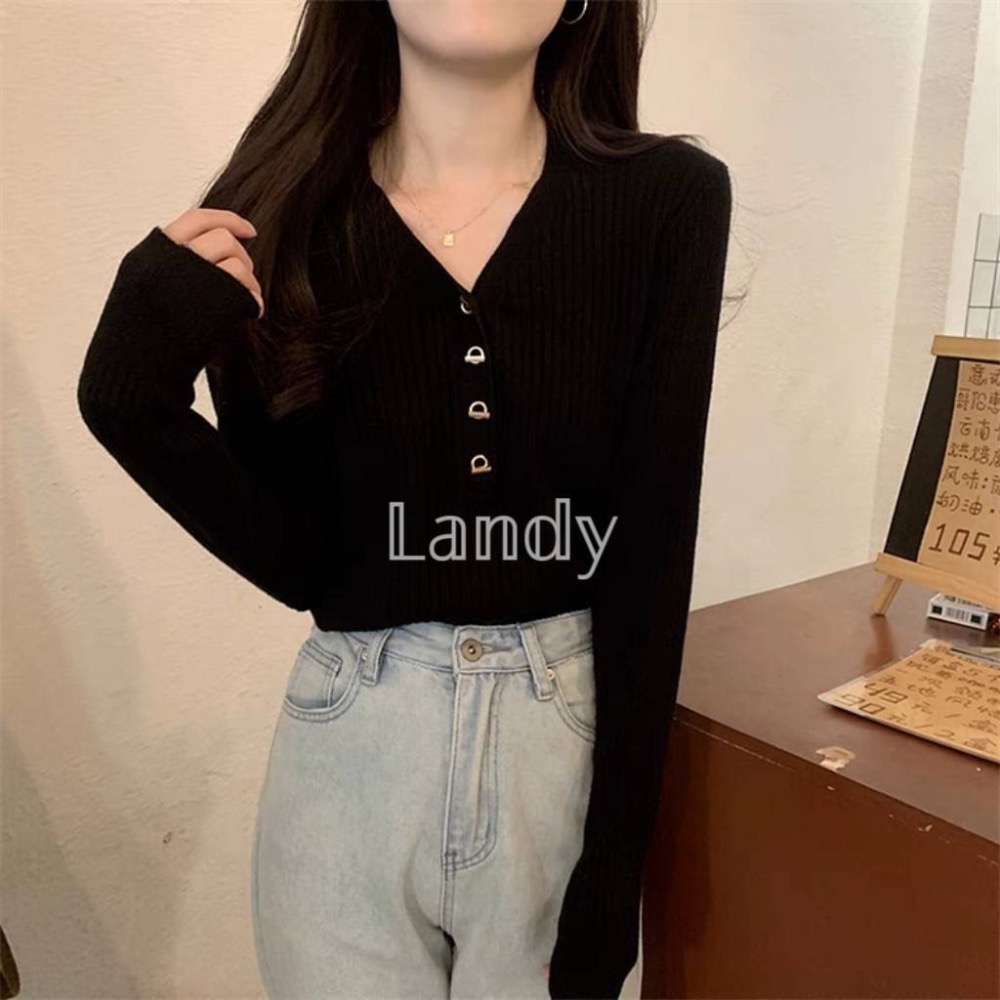 ღ 𝕃𝕒𝕟𝕕𝕪 ღ ｛現+預購｝#093 v領打底衣 女秋季高級感 2023新款秋裝法式修身内搭毛衣針織衫上衣-細節圖8