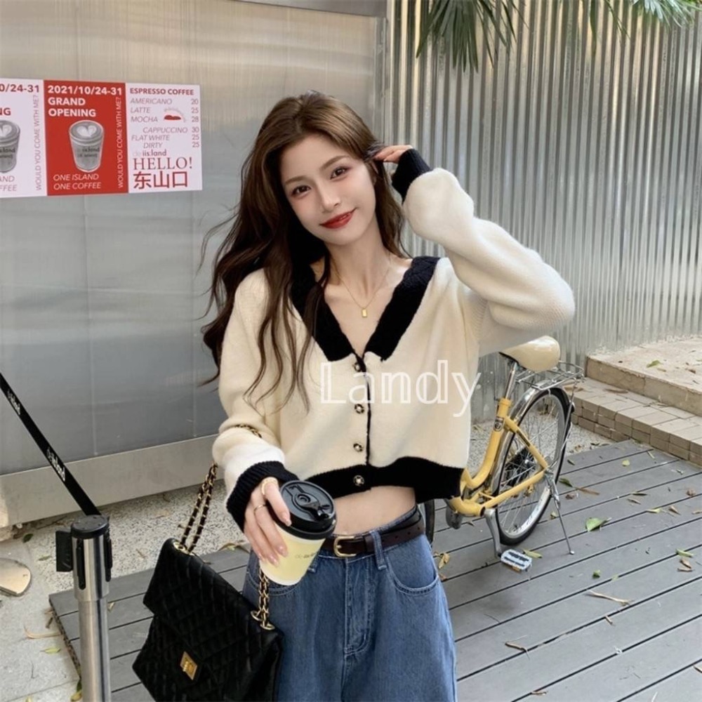 ღ 𝕃𝕒𝕟𝕕𝕪 ღ ｛現+預購｝#096 秋裝寬鬆慵懶設計感 V領短款毛衣 女洋氣別緻顯瘦 針織上衣-細節圖2