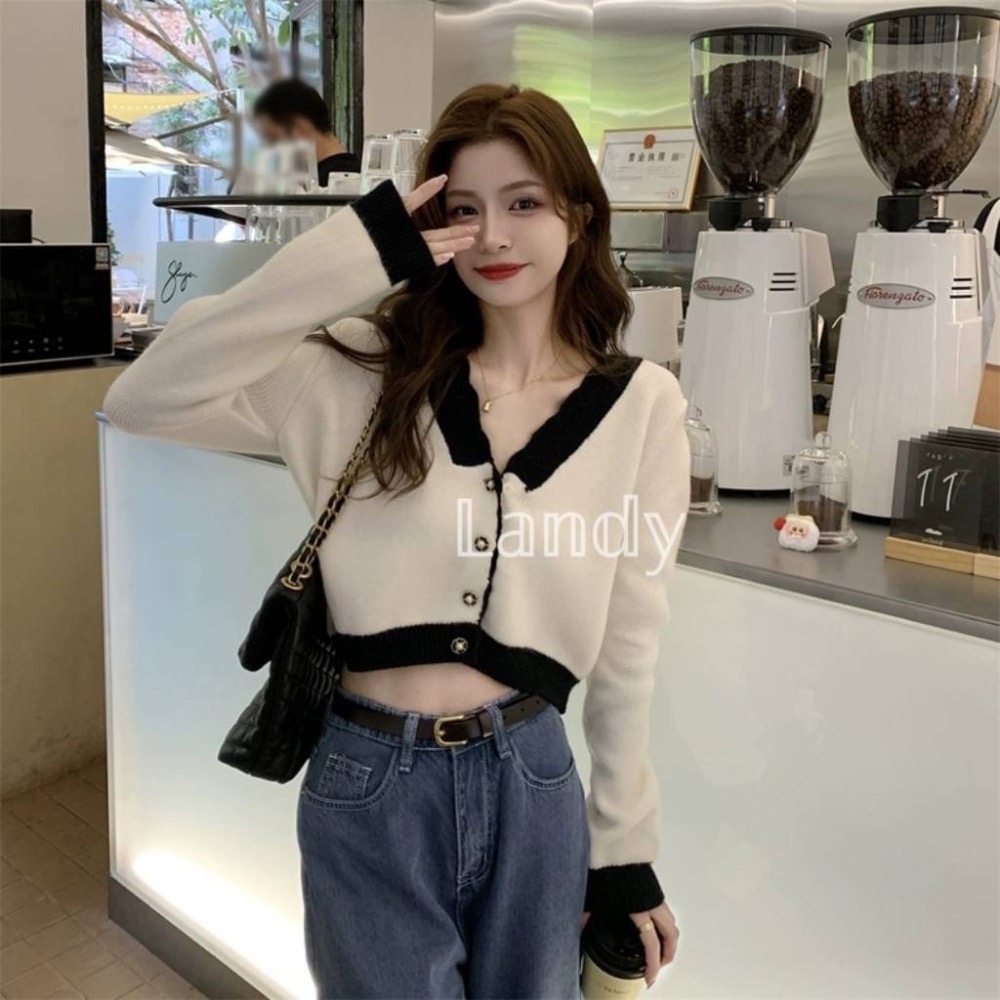 ღ 𝕃𝕒𝕟𝕕𝕪 ღ ｛現+預購｝#096 秋裝寬鬆慵懶設計感 V領短款毛衣 女洋氣別緻顯瘦 針織上衣-細節圖5