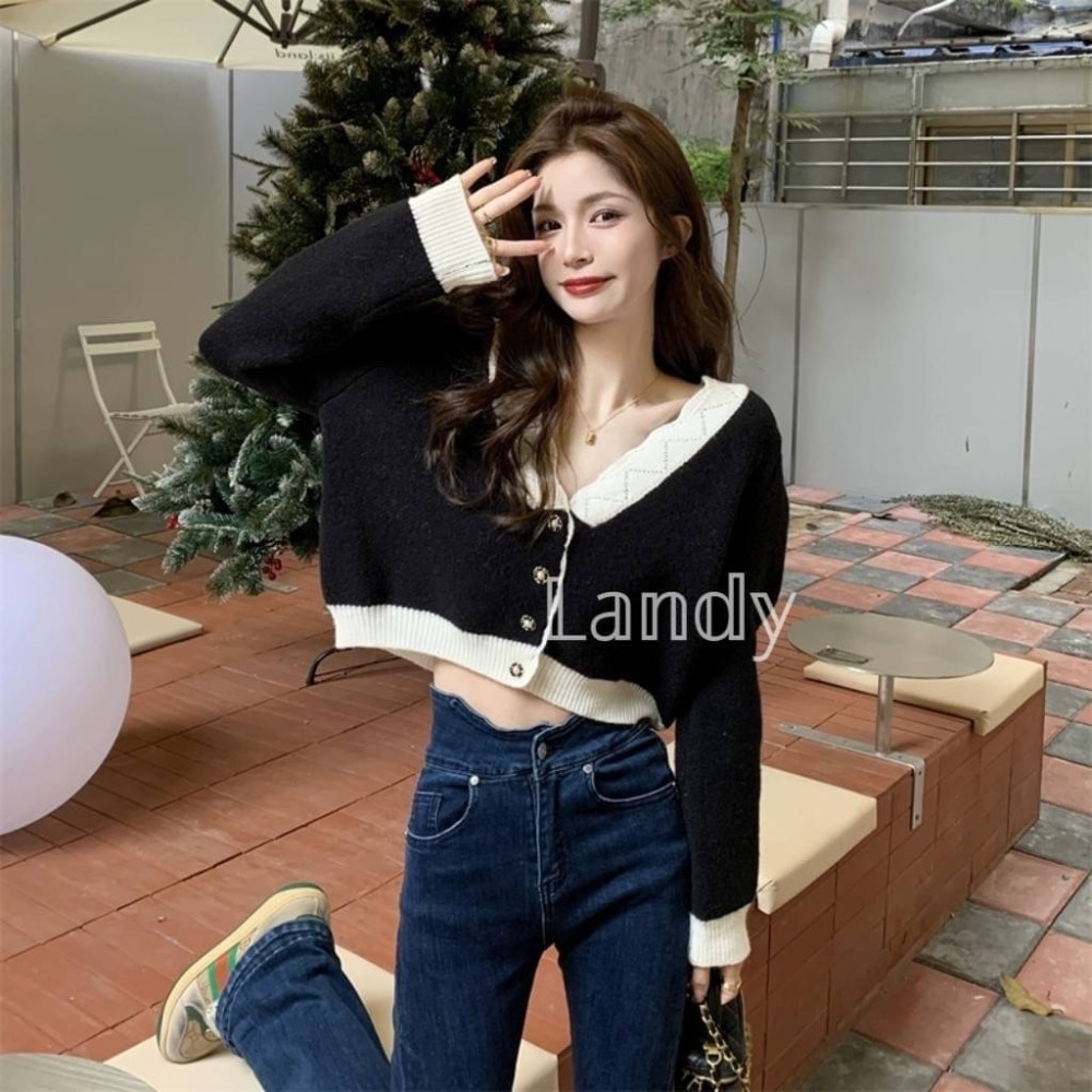 ღ 𝕃𝕒𝕟𝕕𝕪 ღ ｛現+預購｝#096 秋裝寬鬆慵懶設計感 V領短款毛衣 女洋氣別緻顯瘦 針織上衣-細節圖6