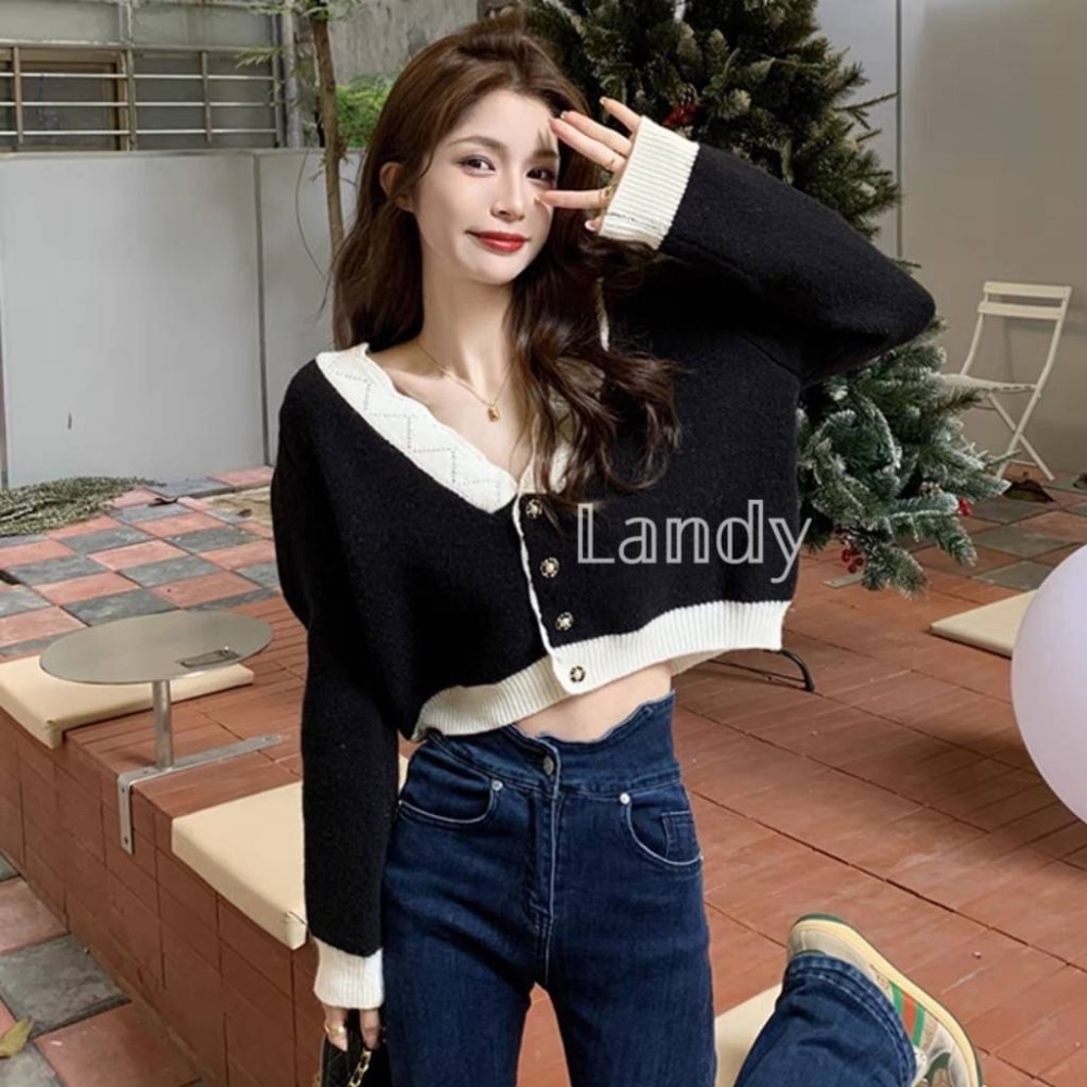 ღ 𝕃𝕒𝕟𝕕𝕪 ღ ｛現+預購｝#096 秋裝寬鬆慵懶設計感 V領短款毛衣 女洋氣別緻顯瘦 針織上衣-細節圖8