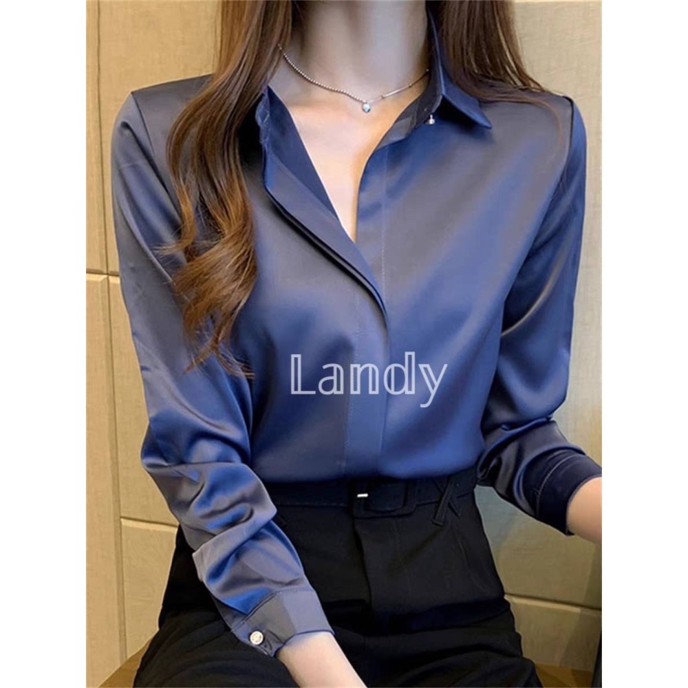 ღ 𝕃𝕒𝕟𝕕𝕪 ღ ｛預購｝#104 秋季新款雪纺襯衫女 簡約通勤氣質襯衫 長袖緞面上衣-細節圖3