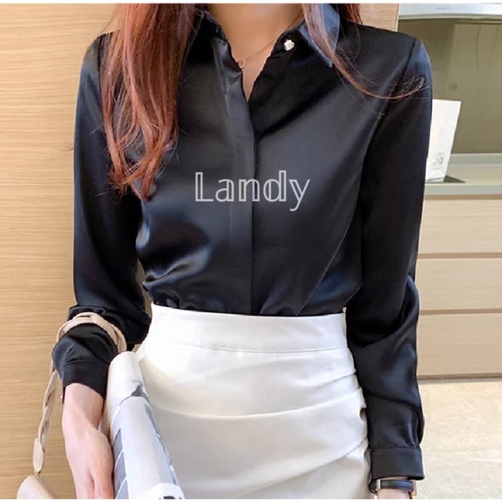 ღ 𝕃𝕒𝕟𝕕𝕪 ღ ｛預購｝#104 秋季新款雪纺襯衫女 簡約通勤氣質襯衫 長袖緞面上衣-細節圖4