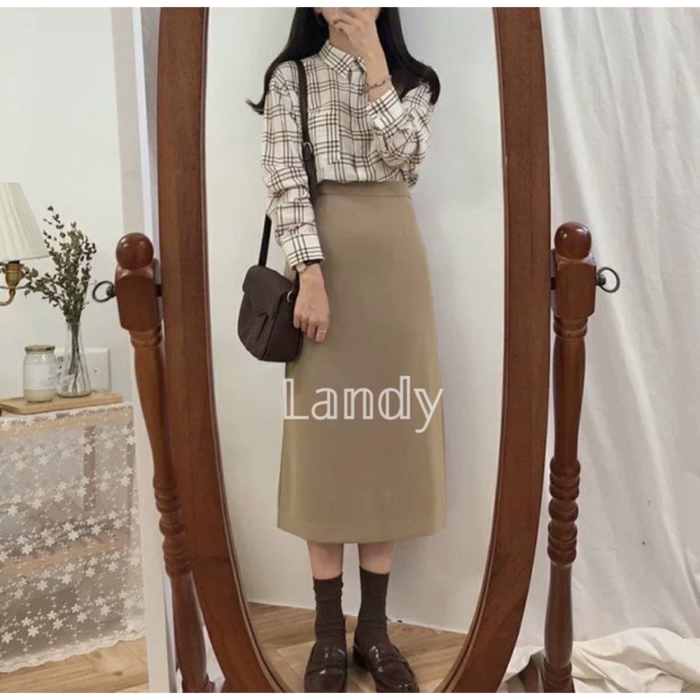 ღ 𝕃𝕒𝕟𝕕𝕪 ღ ｛預購｝#106 韓國復古 高腰顯瘦a字 半身裙 2023秋冬新款 開衩包臀裙中長款-細節圖7