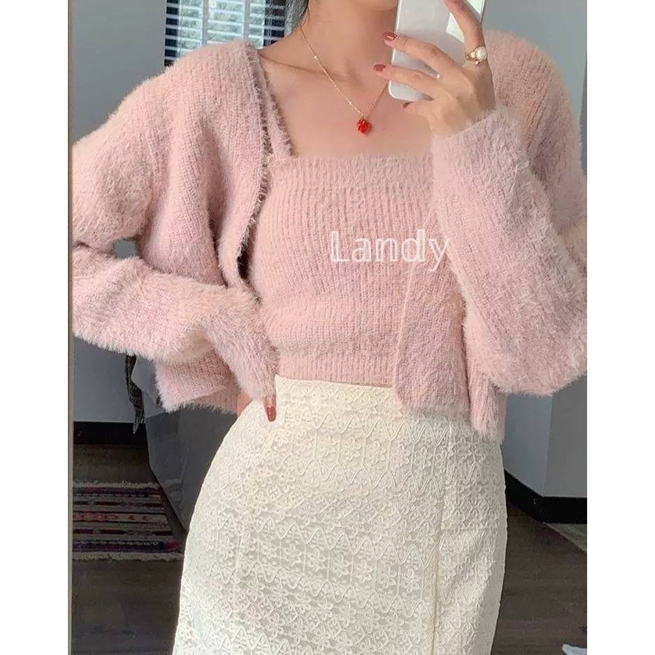 ღ 𝕃𝕒𝕟𝕕𝕪 ღ ｛現貨｝#116 秋冬款水貂毛毛衣+水貂毛吊帶背心 歐膩粉色兩件套裝-細節圖2