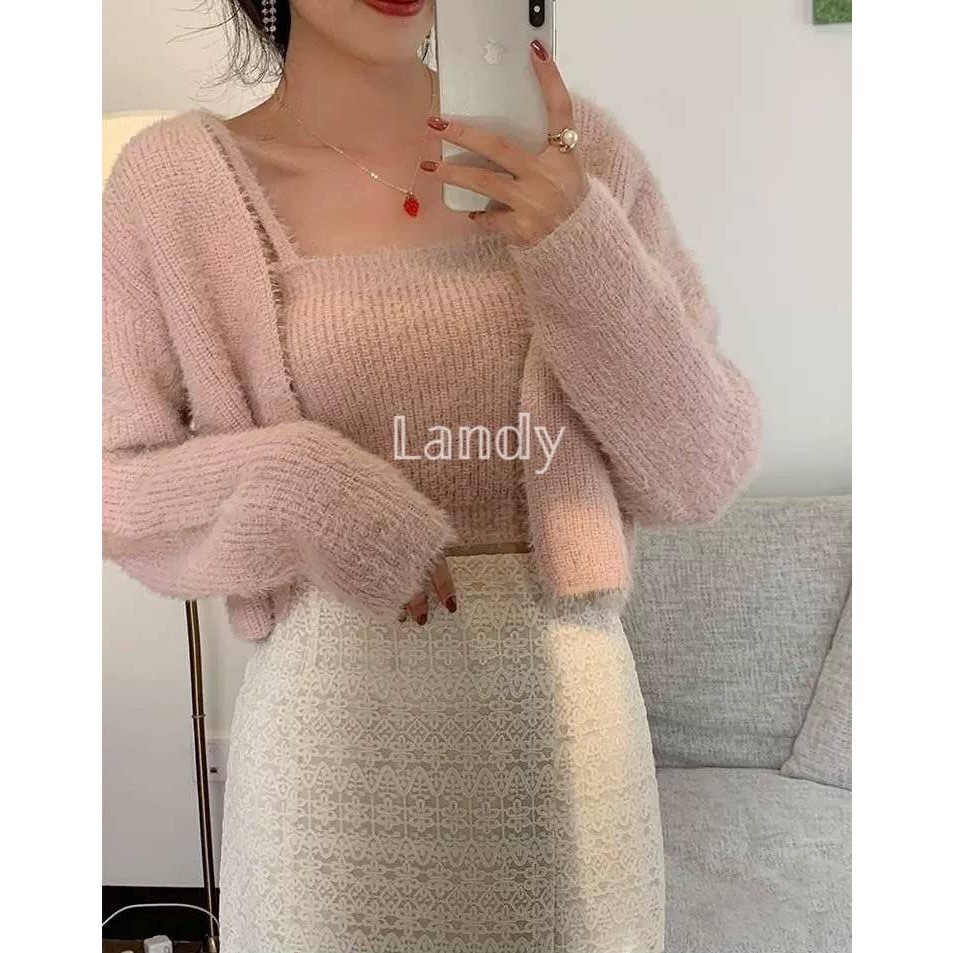 ღ 𝕃𝕒𝕟𝕕𝕪 ღ ｛現貨｝#116 秋冬款水貂毛毛衣+水貂毛吊帶背心 歐膩粉色兩件套裝-細節圖3