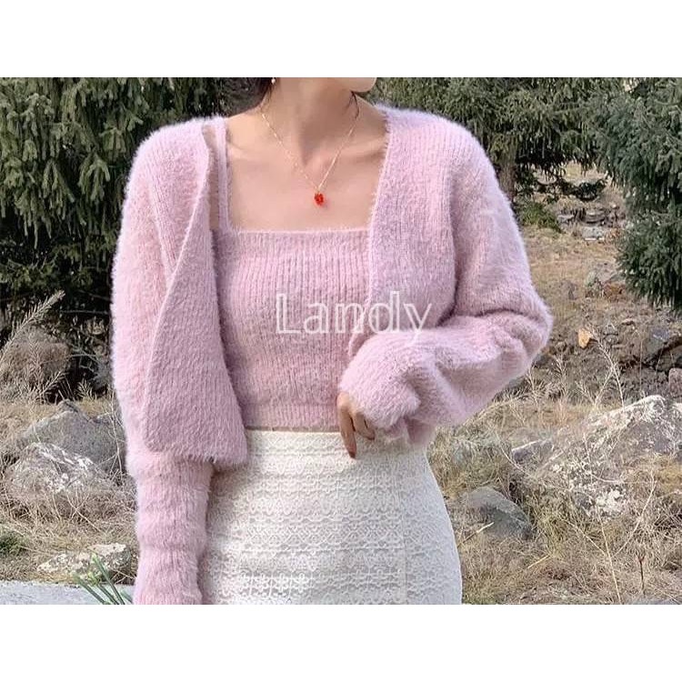 ღ 𝕃𝕒𝕟𝕕𝕪 ღ ｛現貨｝#116 秋冬款水貂毛毛衣+水貂毛吊帶背心 歐膩粉色兩件套裝-細節圖4