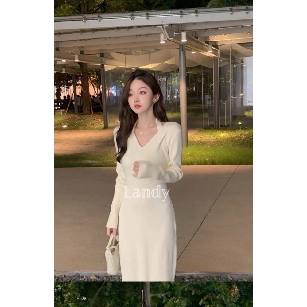 ღ 𝕃𝕒𝕟𝕕𝕪 ღ ｛現+預購｝#127  2023冬季流行爆款設計感 掛脖修身針織連衣裙女 收腰顯瘦新款長裙-細節圖3