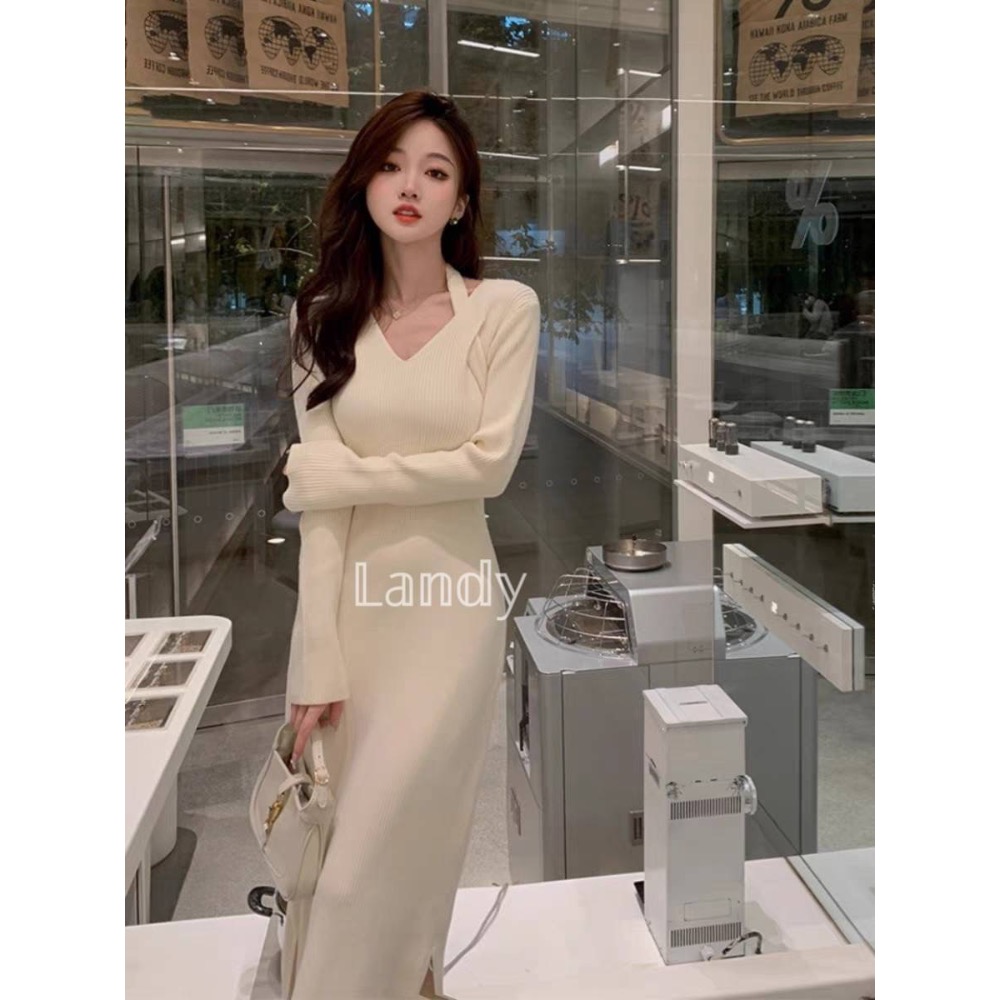 ღ 𝕃𝕒𝕟𝕕𝕪 ღ ｛現+預購｝#127  2023冬季流行爆款設計感 掛脖修身針織連衣裙女 收腰顯瘦新款長裙-細節圖4