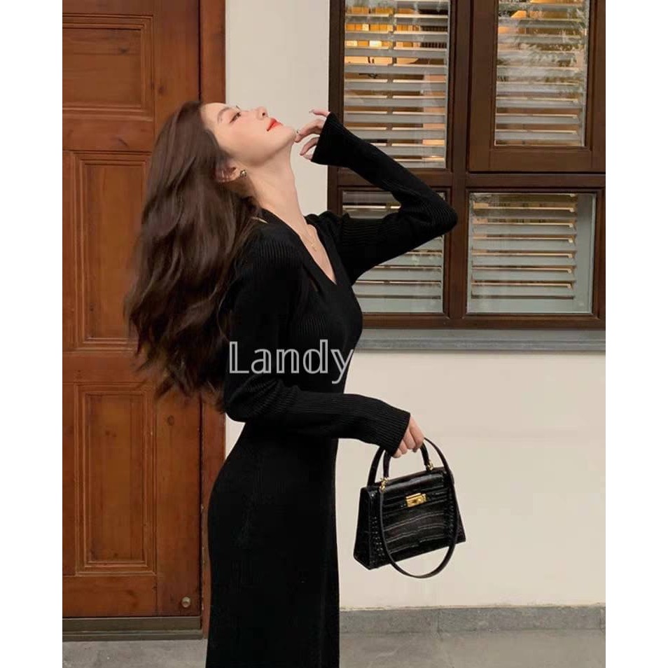 ღ 𝕃𝕒𝕟𝕕𝕪 ღ ｛現+預購｝#127  2023冬季流行爆款設計感 掛脖修身針織連衣裙女 收腰顯瘦新款長裙-細節圖5