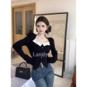 ღ 𝕃𝕒𝕟𝕕𝕪 ღ ｛現+預購｝#135 秋冬別致高級感 法式方領泡泡袖 針織打底上衣 女纯欲風辣妹短款上衣-規格圖11