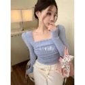 ღ 𝕃𝕒𝕟𝕕𝕪 ღ ｛現+預購｝#136 純慾風辣妹方領泡泡袖上衣 女秋冬洋氣高級感别致針織打底衫上衣-規格圖11