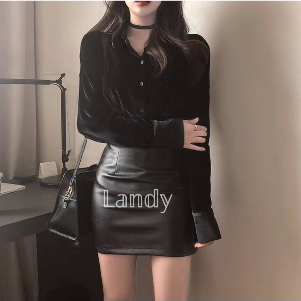 ღ 𝕃𝕒𝕟𝕕𝕪 ღ ｛預購｝#147 黑色包臀小皮裙秋季 2023新款高腰短款半身裙 性感包裙緊身短裙子-細節圖2