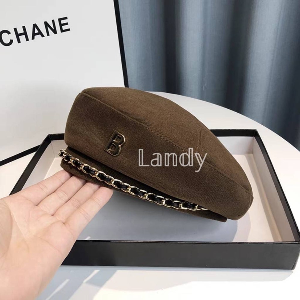 ღ 𝕃𝕒𝕟𝕕𝕪 ღ ｛預購｝#160 設計鏈條貝雷帽 女秋冬韓系時尚穿搭 畫家帽英倫風 氣質復古網紅帽子-細節圖6