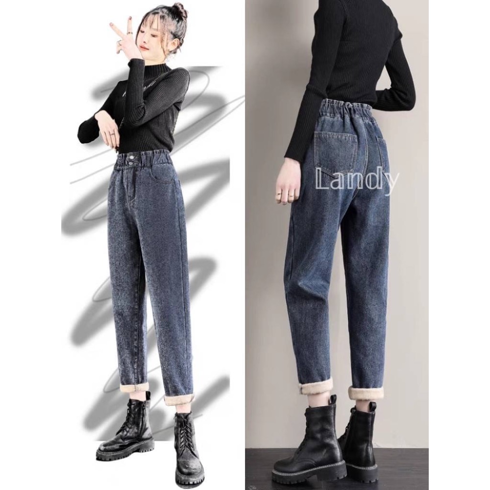 ღ 𝕃𝕒𝕟𝕕𝕪 ღ ｛現+預購｝#164 加絨加厚牛仔褲冬季必備 2023新款高腰顯瘦直筒褲 材質很好-細節圖2