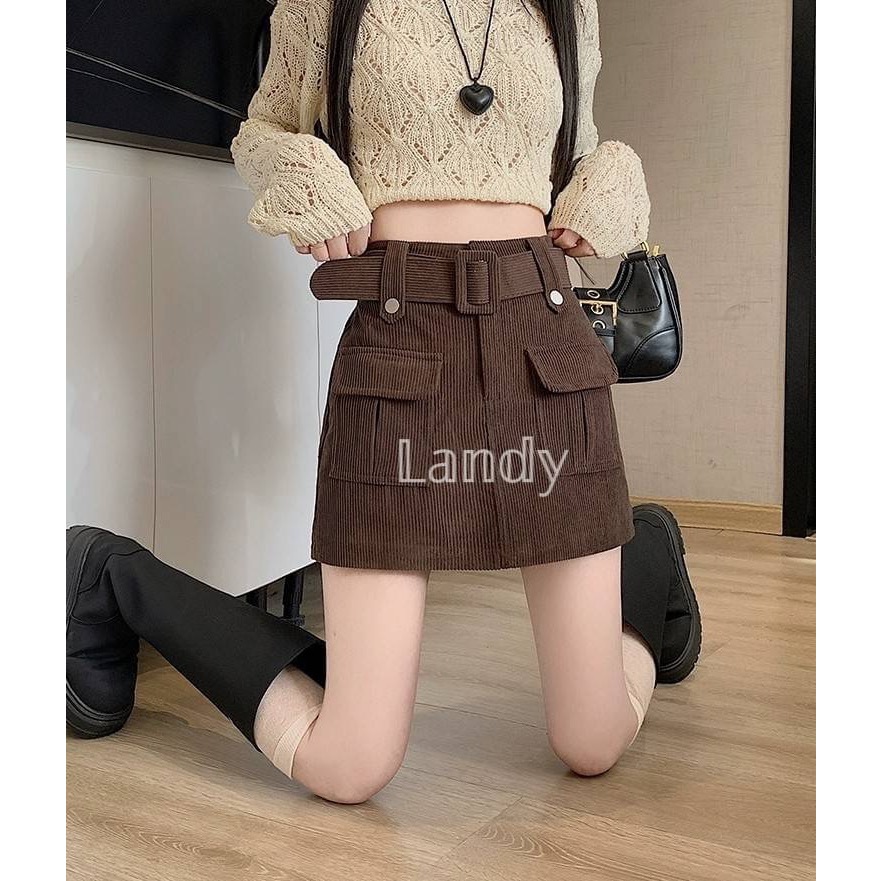 ღ 𝕃𝕒𝕟𝕕𝕪 ღ ｛預購｝#271 咖啡色燈芯絨工裝短裙 2024新款防走光高腰顯瘦包臀a字半身裙-細節圖6