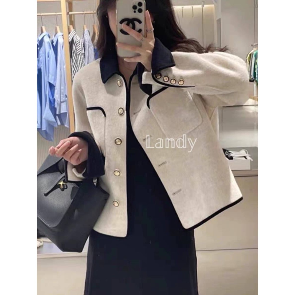 ღ 𝕃𝕒𝕟𝕕𝕪 ღ ｛預購｝#285 2024冬季新款小香風双面羊絨大衣女短款小金扣小香風法式毛絨外套-細節圖5