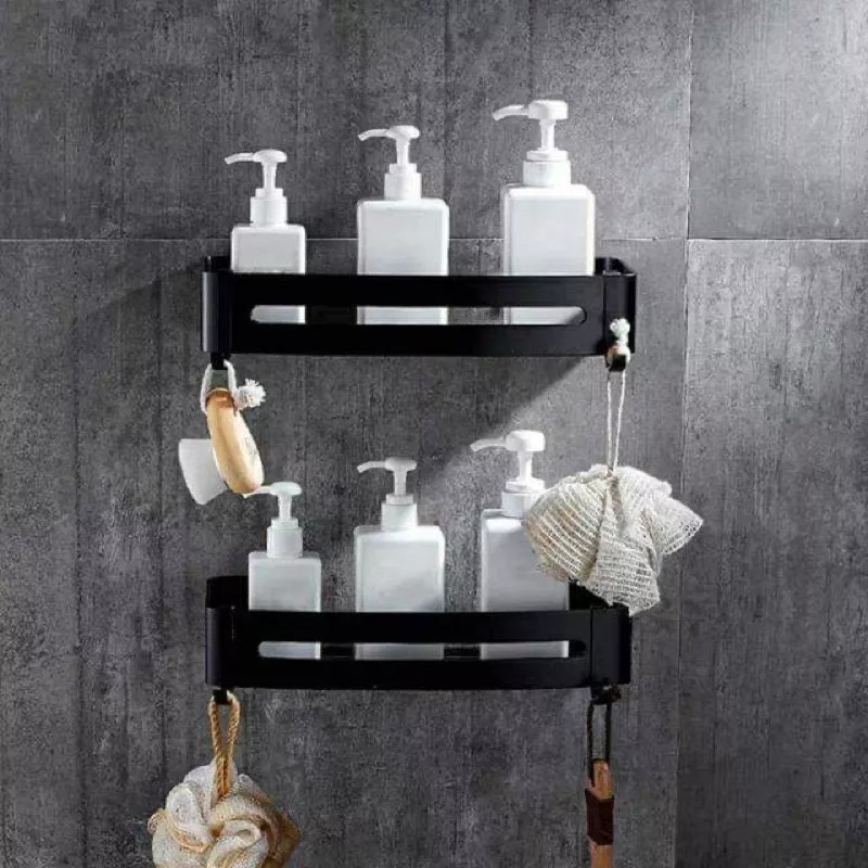 太空鋁合金浴室置物架 廁所收納架 壁掛式掛架復古廚房儲物架層架 黑色/銀色-細節圖2