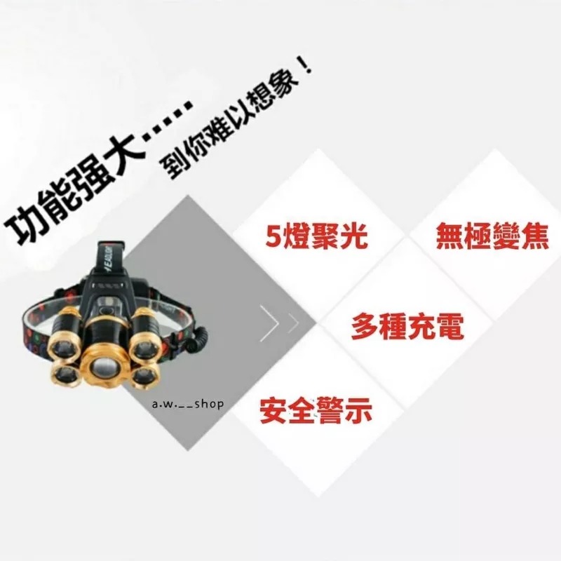 戶外大功率T6燈珠5燈頭強光鋁合金充電頭燈 遠射超亮防水伸縮變焦探照燈 金色單頭燈 露營旅行18650鋰電池充電探照燈-細節圖2