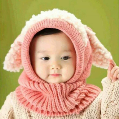 韓國兒童保暖帽子 秋冬嬰幼兒連體毛絨圍巾帽 寶寶防寒針織毛線帽披肩 兔耳朵小綿羊造型禦寒圍脖 粉色