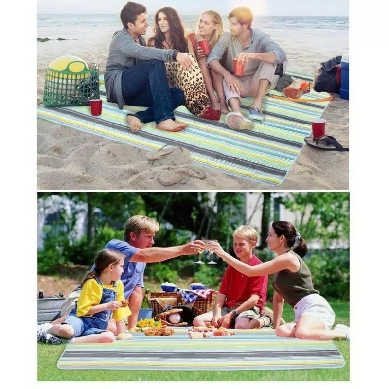 戶外防水防潮便攜條紋野餐墊 Picnic Blanket 牛津布海岸沙灘墊 手提加大加寬可收納折疊野營露營墊-細節圖2