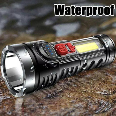 露營USB充電遠射手電筒 防水側光COB防身戶外多功能燈 雙光源登山釣魚緊急照明設備