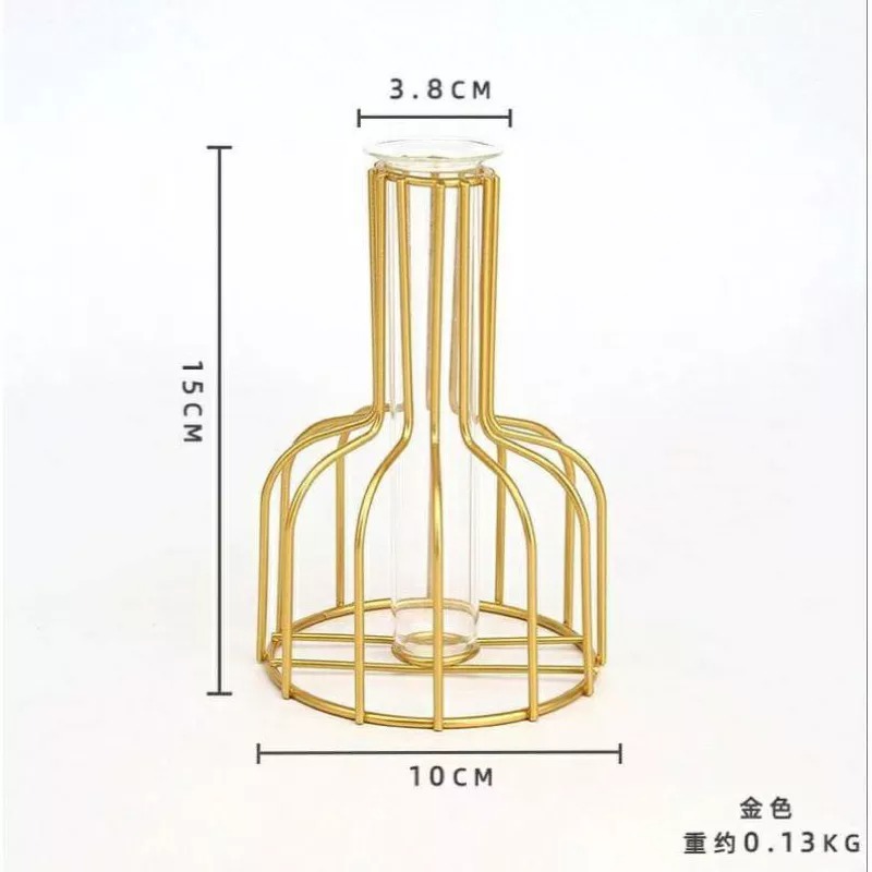 北歐鐵藝金色水培透明玻璃花瓶 客廳餐桌桌面裝飾鏤空植物盆栽 簡約乾花花插綠蘿水養花盆 DIY園藝拍照道具花器 辦公室擺設-細節圖9