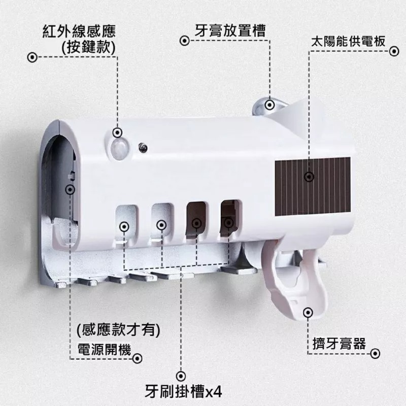 免打孔紫外線光電充電牙刷消毒架 浴室智慧殺菌人體感應牙刷消毒器 廁所光觸媒消毒器 太陽能充電節能牙膏分配器 紅外線感應-細節圖6