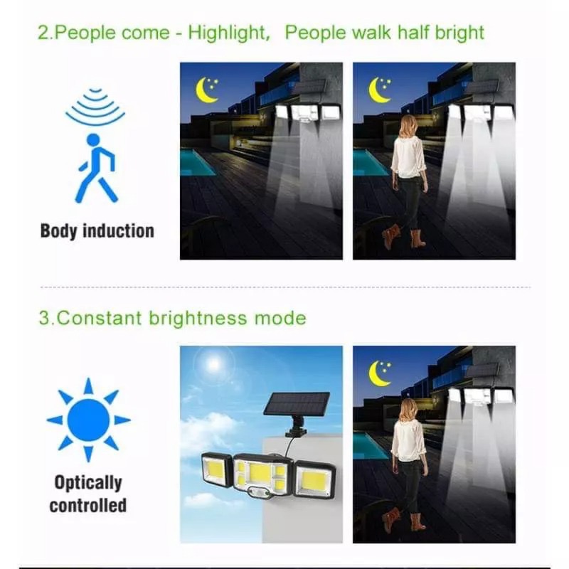 太陽能LED戶外路燈 192 COB三頭壁燈 三種模式傳感器人體感應安全照明燈 分離式家用高亮庭院燈 IP65防水防雨-細節圖5