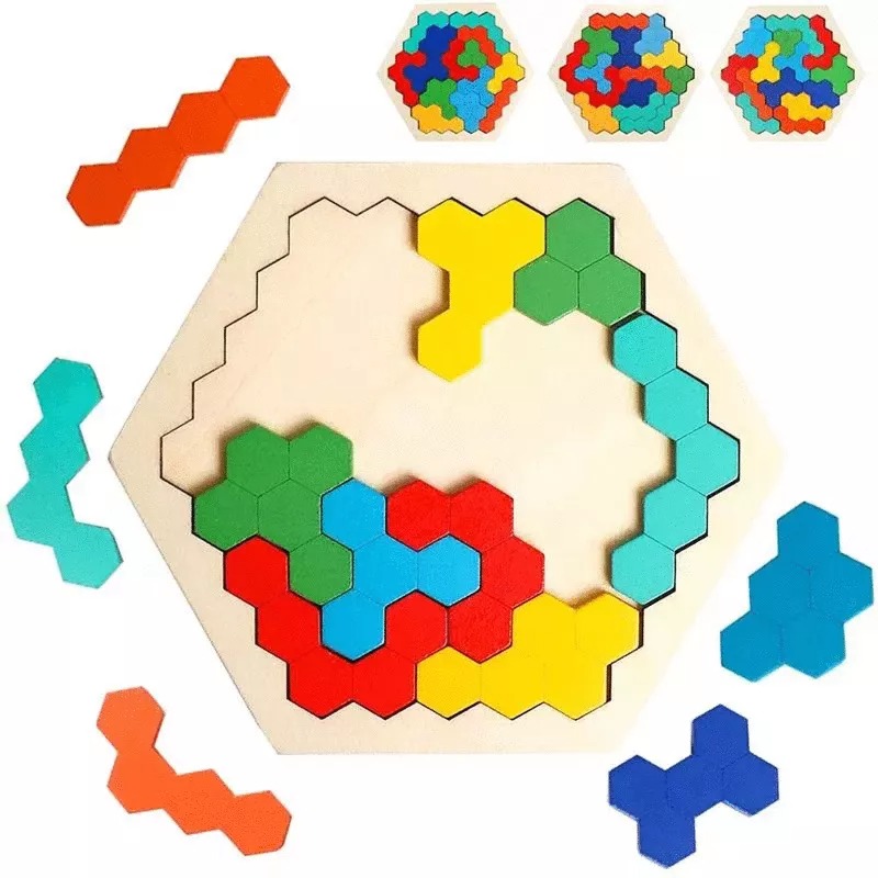 環保木製益智七巧板拼圖玩具 嬰幼兒蜂窩式百變立體拼板 兒童益智力開發彩色積木教具 小學生成人桌遊 幼兒園早教空間邏輯思維-細節圖9