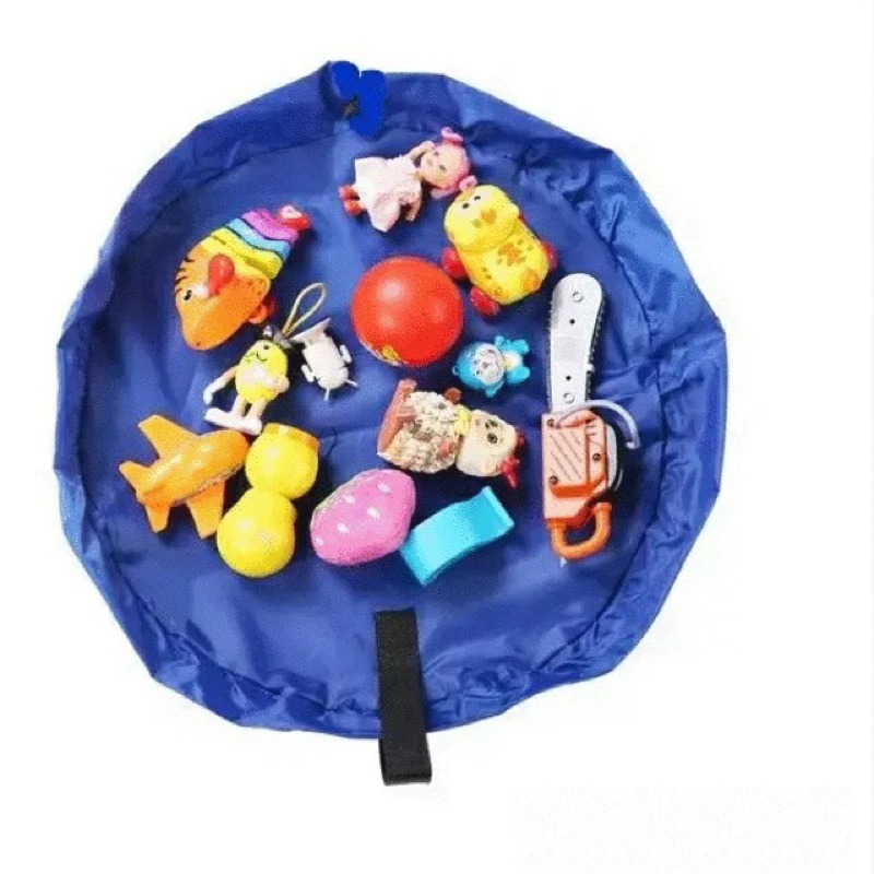 兒童玩具快速收納袋 防水旅行露營野餐墊 嬰幼兒室內提把拉繩遊戲墊 吊掛居家整理墊 寶藍色 直徑41公分-細節圖7
