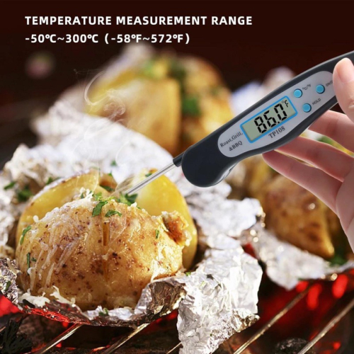 折疊食物溫度計 BBQ燒烤不鏽鋼探針式溫度儀 廚房烘焙食品測溫 電子LED顯示水溫油溫器 廚具