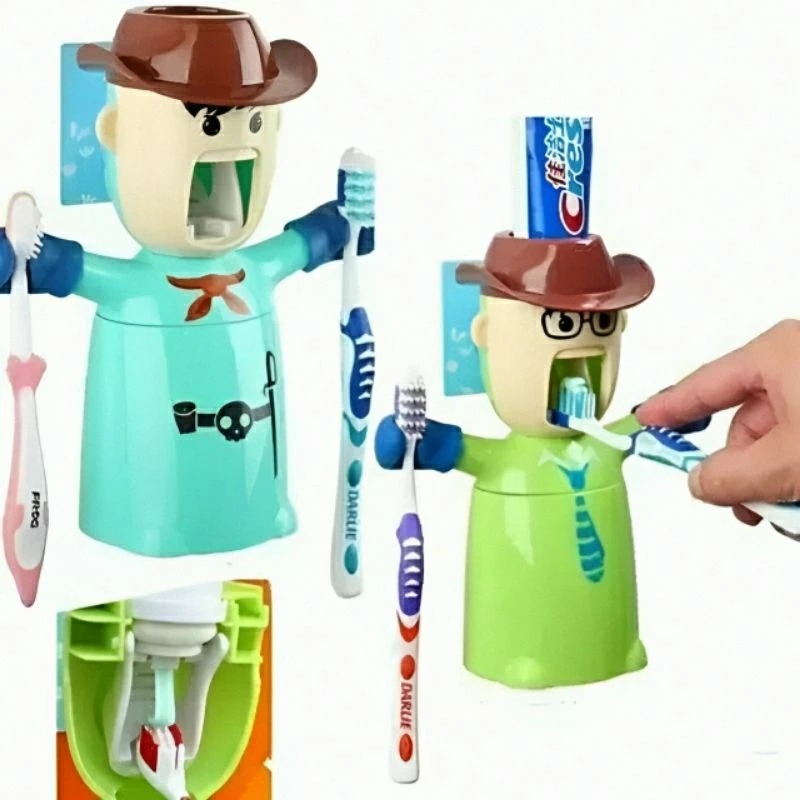 三合一免打孔壁掛擠牙膏器漱口杯牙刷架,可愛造型浴室牙刷收納架-細節圖2