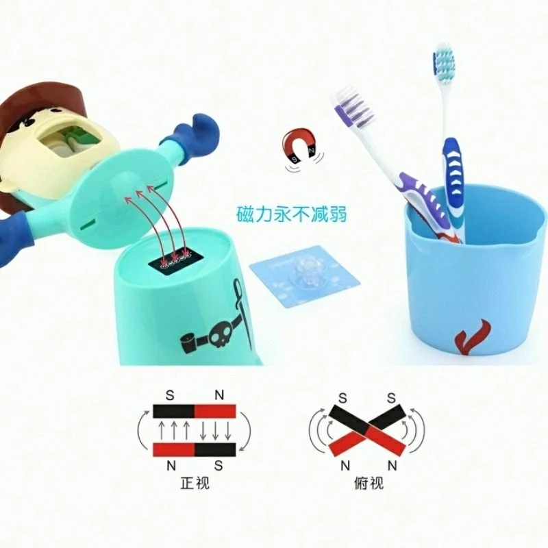 三合一免打孔壁掛擠牙膏器漱口杯牙刷架,可愛造型浴室牙刷收納架-細節圖3