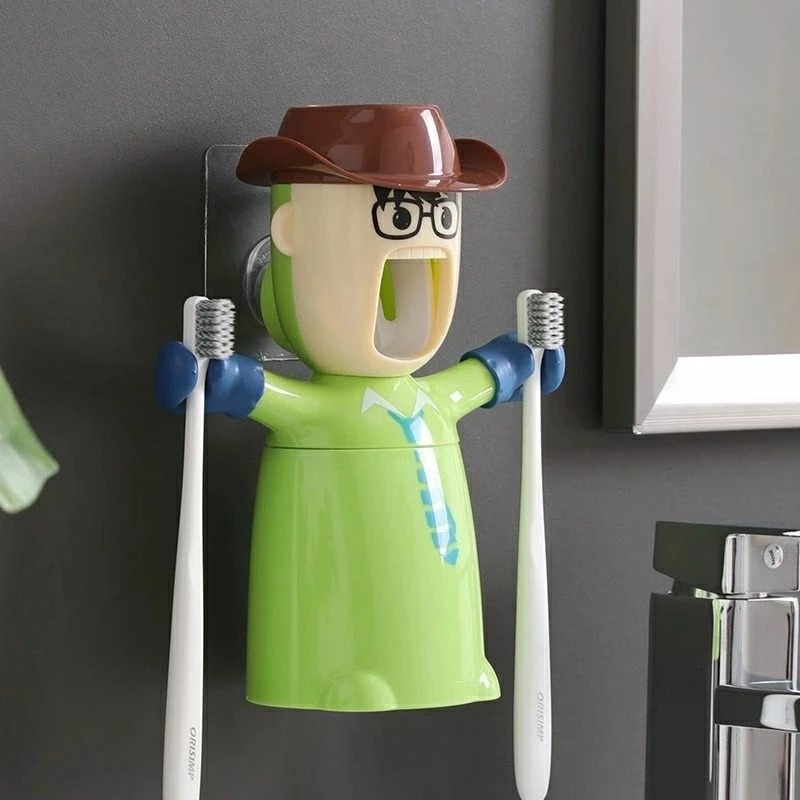 三合一免打孔壁掛擠牙膏器漱口杯牙刷架,可愛造型浴室牙刷收納架-細節圖6