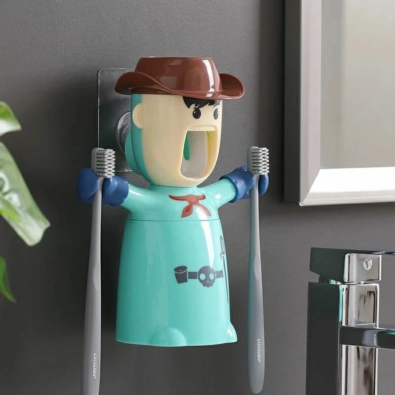三合一免打孔壁掛擠牙膏器漱口杯牙刷架,可愛造型浴室牙刷收納架-細節圖7