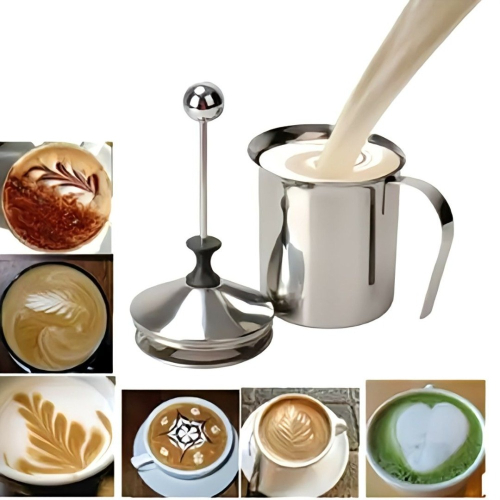 雙層濾網不鏽鋼手動打奶泡器,牛奶咖啡奶泡壺,卡布奇諾不銹鋼奶泡杯,咖啡手打奶泡製作器,手壓奶泡生成器