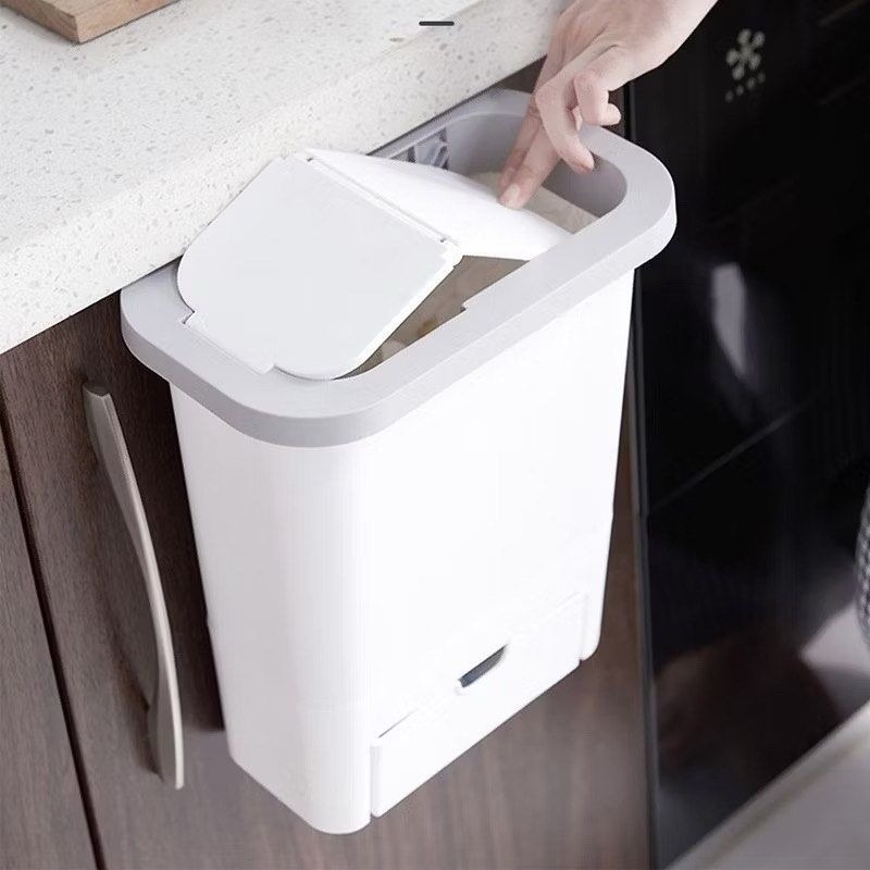 櫥櫃門帶蓋掛式垃圾桶,免彎腰廚房長筒推蓋懸掛雜物收納桶,簡約回收桶-細節圖3