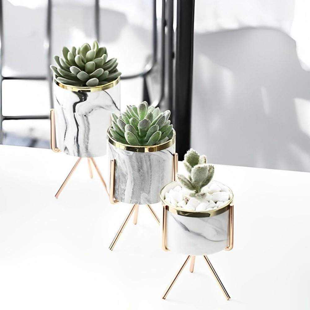 北歐鍍金鐵藝多肉植物大理石紋陶瓷花盆,多功能梳妝台桌面美妝化妝品梳子收納桶,創意餐具水果叉置物罐-細節圖5