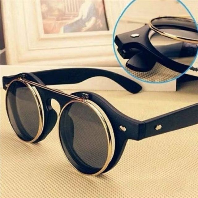 雙層翻蓋圓形復古太陽鏡,時尚朋克墨鏡,復古文青潮流翻蓋眼鏡-細節圖2