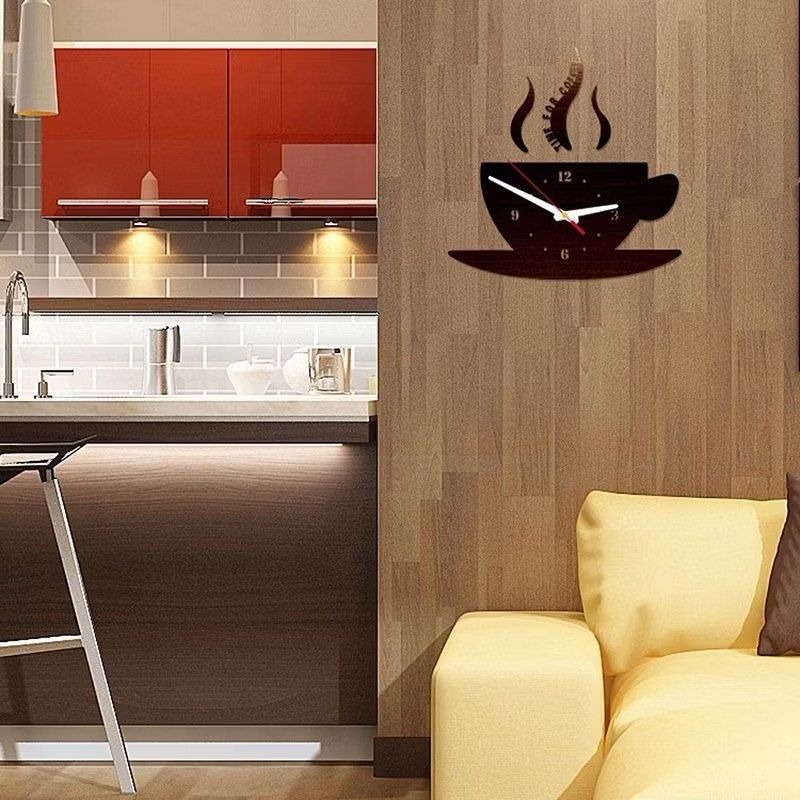 咖啡杯靜音掛鐘,DIY個性鏡面時鐘,客廳牆貼壓克力石英裝飾鐘,創意造型壁鐘-細節圖3