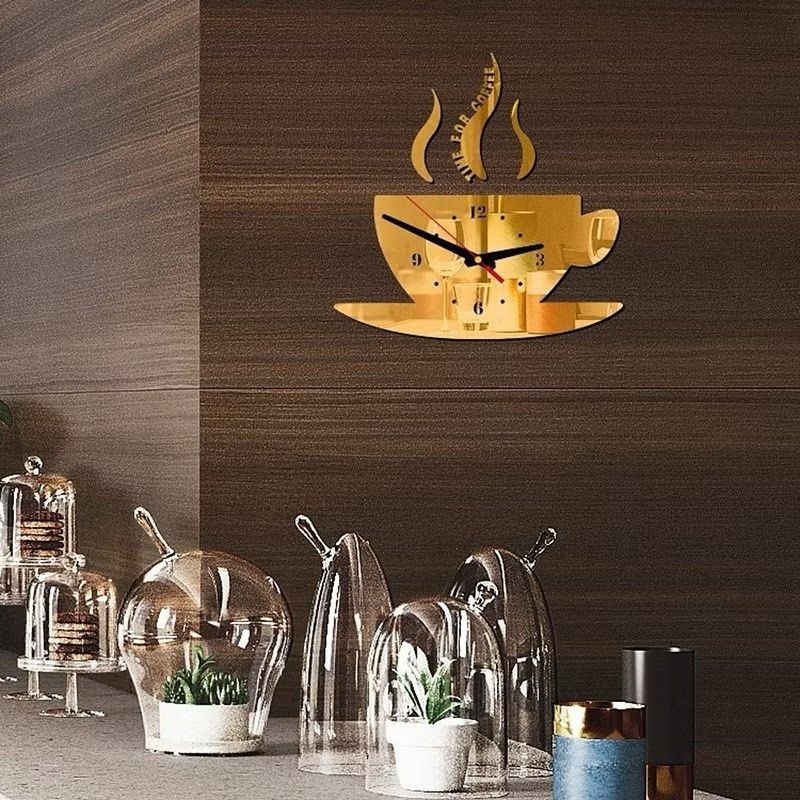 咖啡杯靜音掛鐘,DIY個性鏡面時鐘,客廳牆貼壓克力石英裝飾鐘,創意造型壁鐘-細節圖5