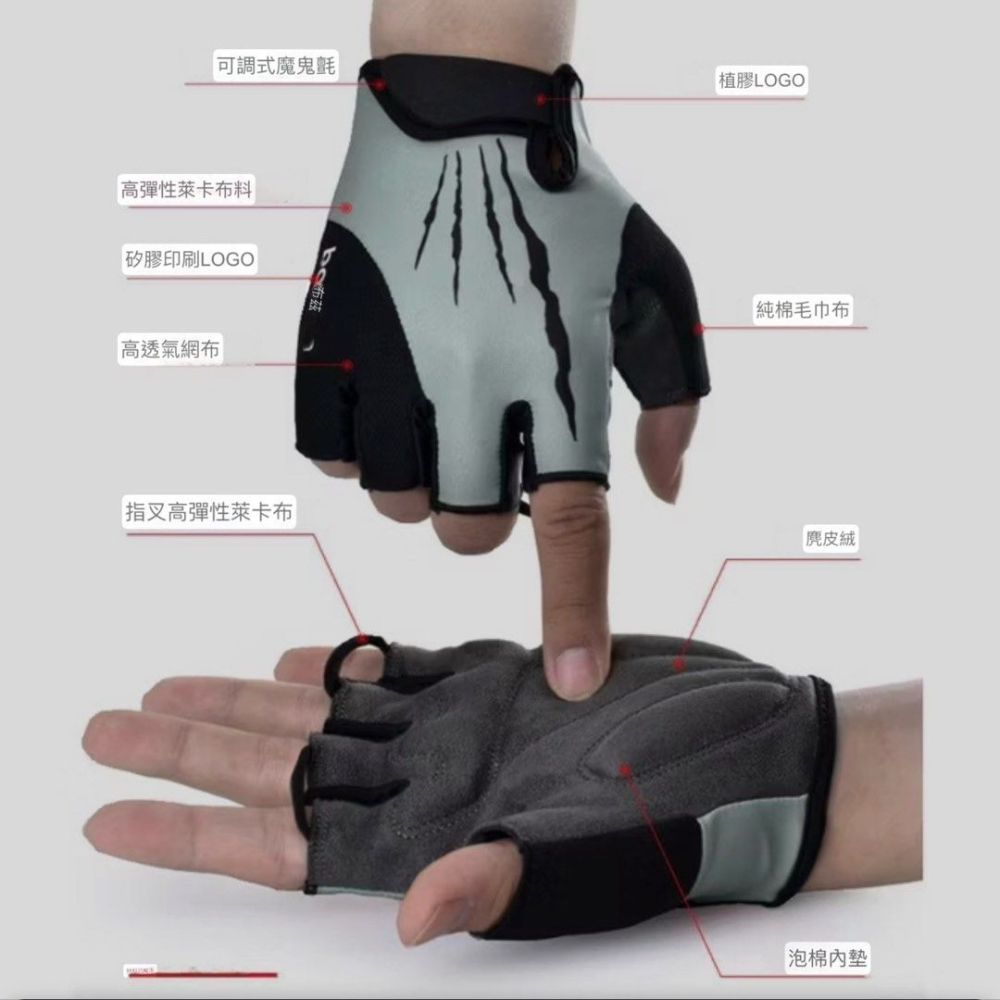 BOODUN博頓半指騎行手套,戶外自行車涼爽透氣減壓手套,減震運動健身手套,單車防滑露指手套-細節圖7