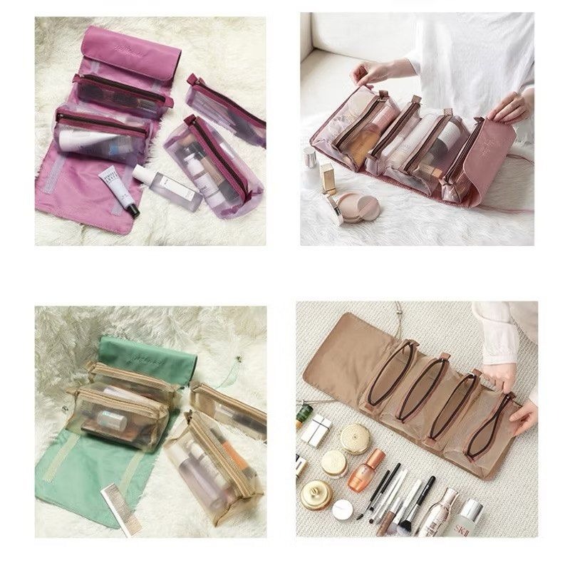 可拆卸便攜折疊旅行化妝袋,四合一大容量可折開網紗隨身收納洗漱包,尼龍出國旅遊化妝品收納袋,包中包魔鬼氈盥洗包-細節圖2