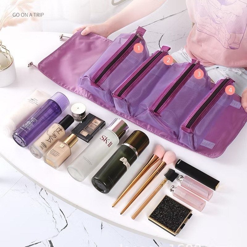 可拆卸便攜折疊旅行化妝袋,四合一大容量可折開網紗隨身收納洗漱包,尼龍出國旅遊化妝品收納袋,包中包魔鬼氈盥洗包-細節圖5