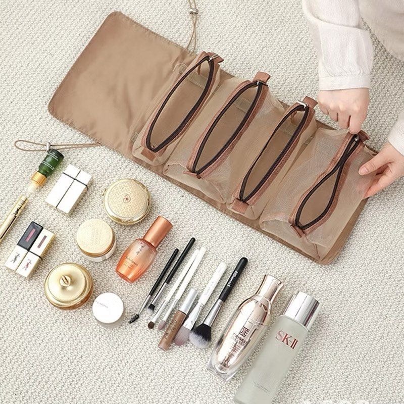 可拆卸便攜折疊旅行化妝袋,四合一大容量可折開網紗隨身收納洗漱包,尼龍出國旅遊化妝品收納袋,包中包魔鬼氈盥洗包-細節圖6