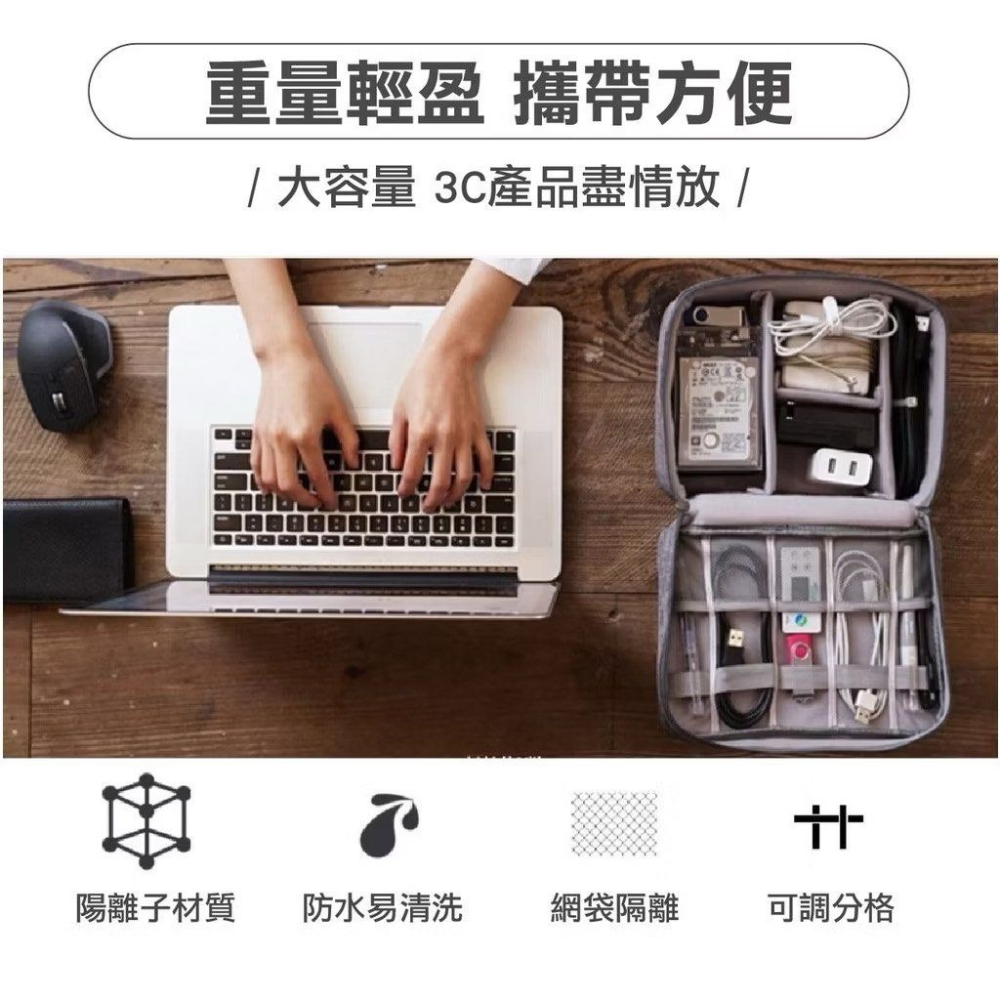 便攜多功能外出旅行3C配件收納包,防潑水大容量可調魔鬼氈分隔層,輕盈旅遊手提包-細節圖5