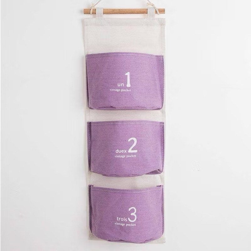 數字三格連體掛袋,文青麻布壁掛收納袋,牆上床頭雜物儲物袋,門後懸掛收納籃-細節圖2